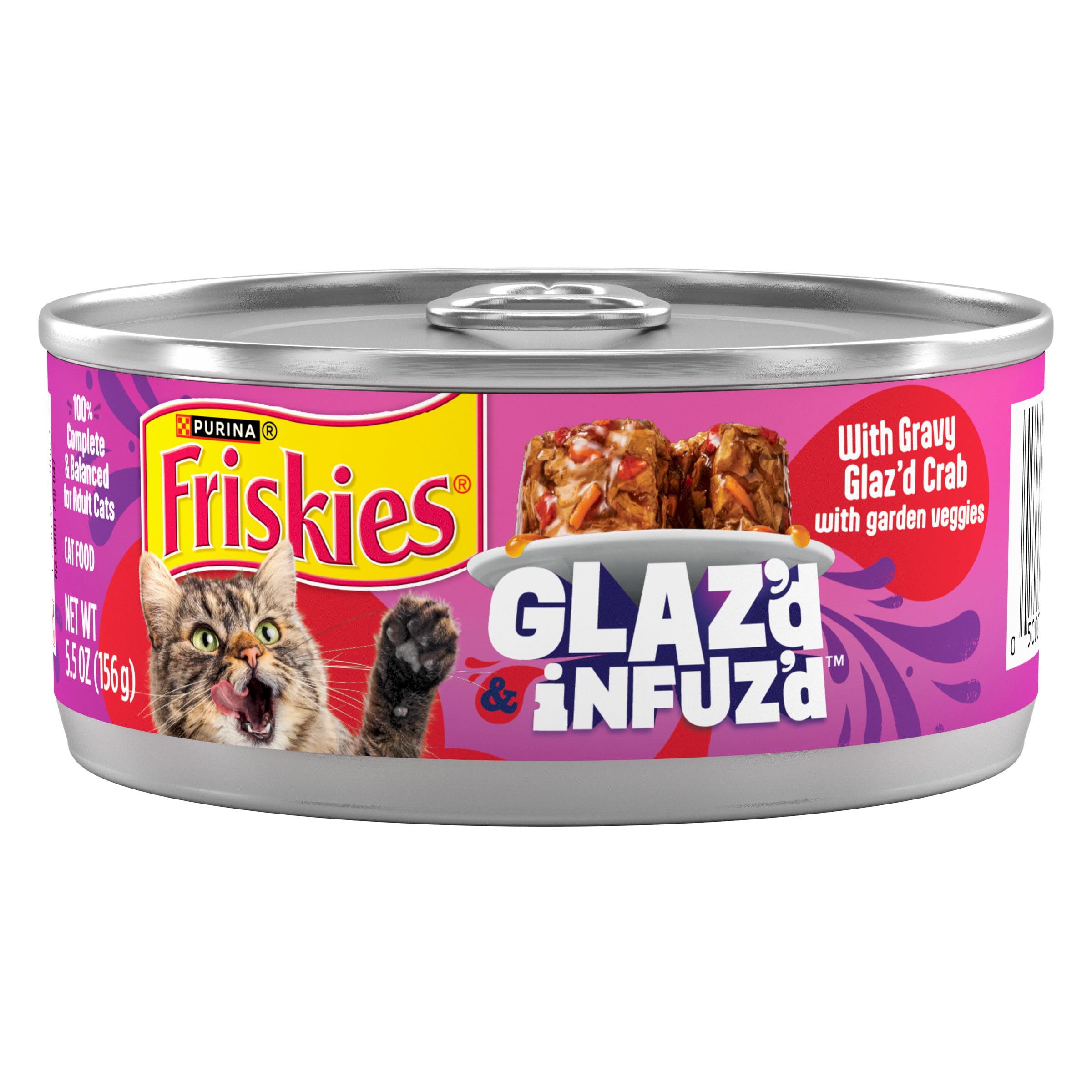 Friskies Glaz’d Infuz’d crab wet food in a bowl with chunky morsels in gravy.