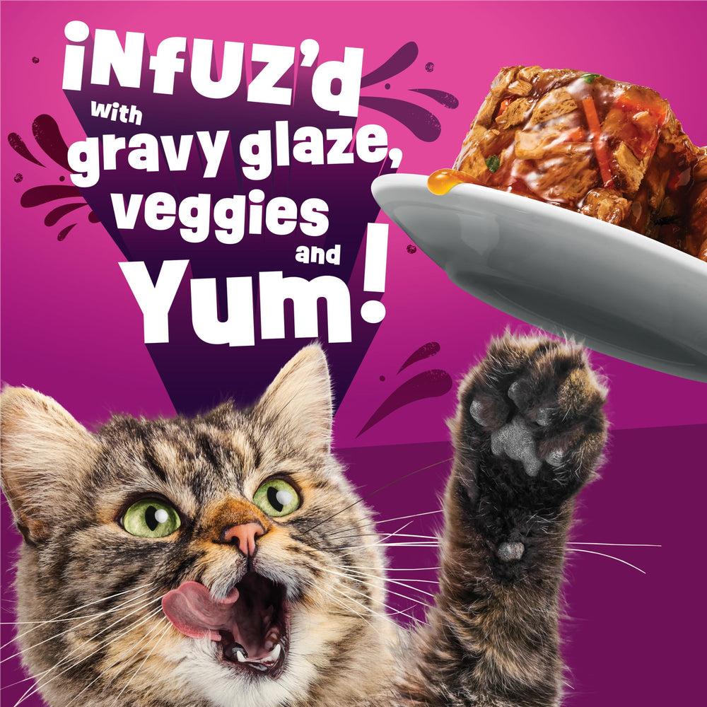 Friskies Glazd Infuzd wet food being poured into a bowl.