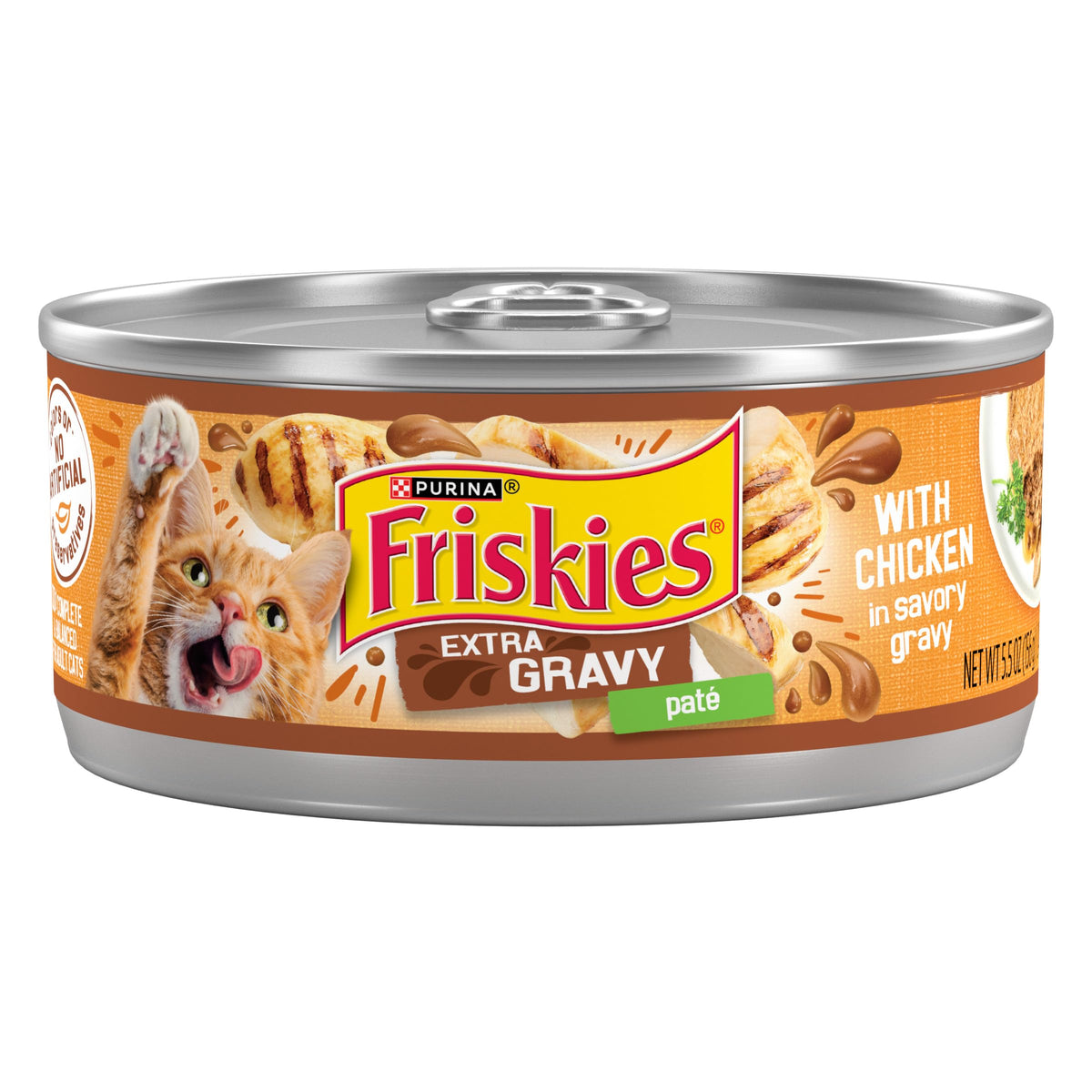 Friskies Gravy Pate chicken can with savory gravy boosts flavor at mealtime.