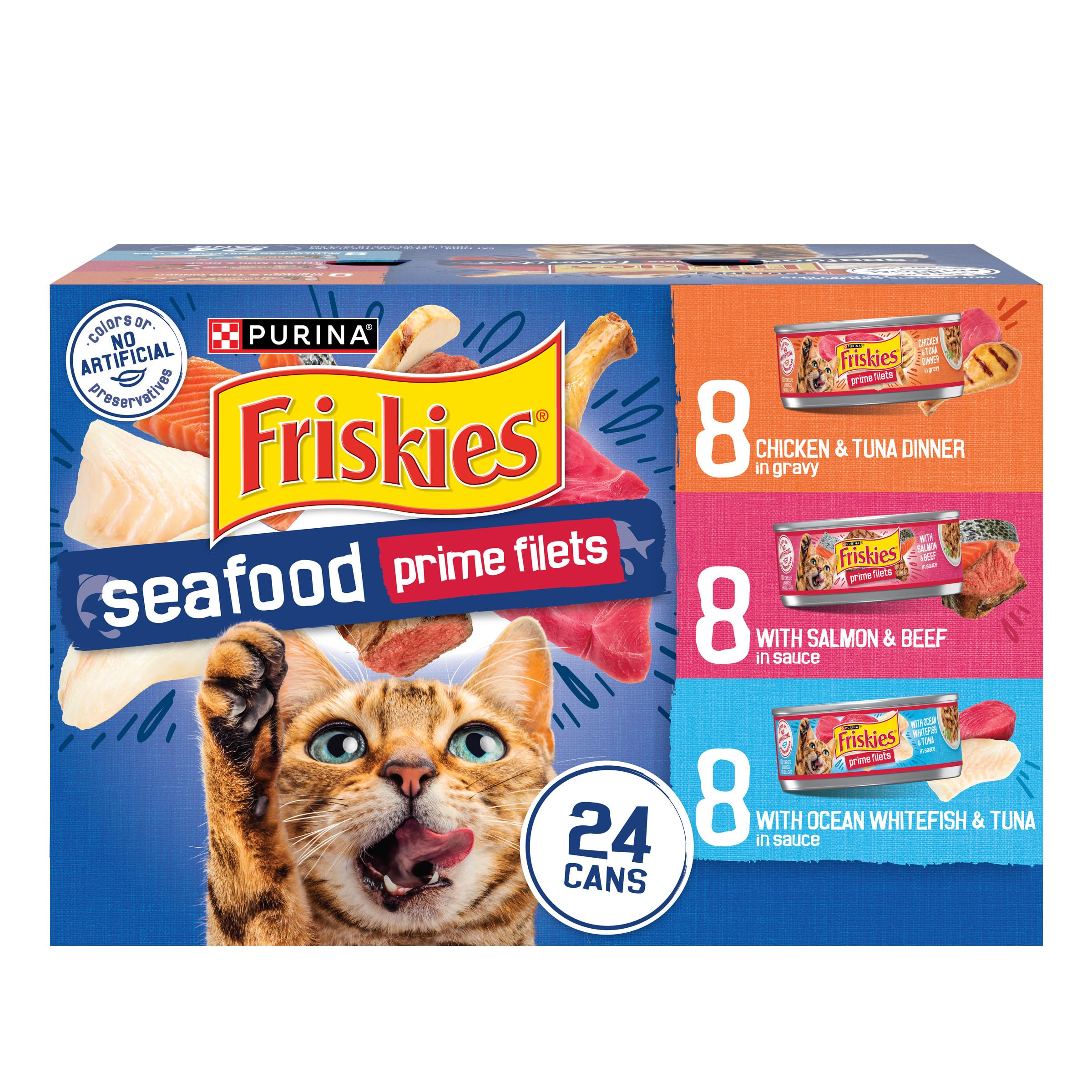 Friskies Gravy Seafood Filets Cans offer savory texture for picky cats.