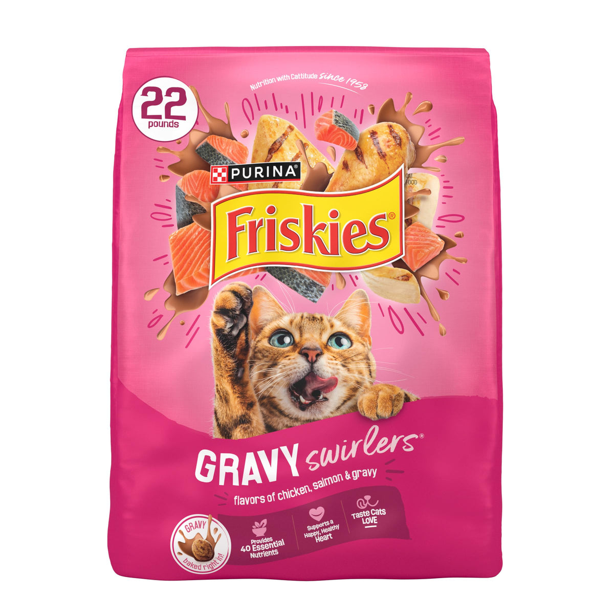 Friskies Gravy Swirlers bag-front label shows flavor and nutrition for everyday meals