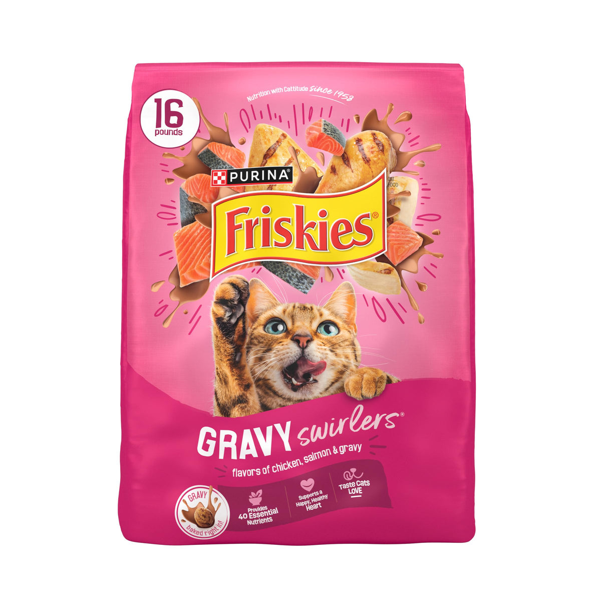 Friskies Gravy Swirlers with chicken and salmon chunks add flavor and texture to meals.