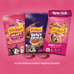 Friskies Gravy Swirlers gravy baked in highlights savory swirls for irresistible bites.