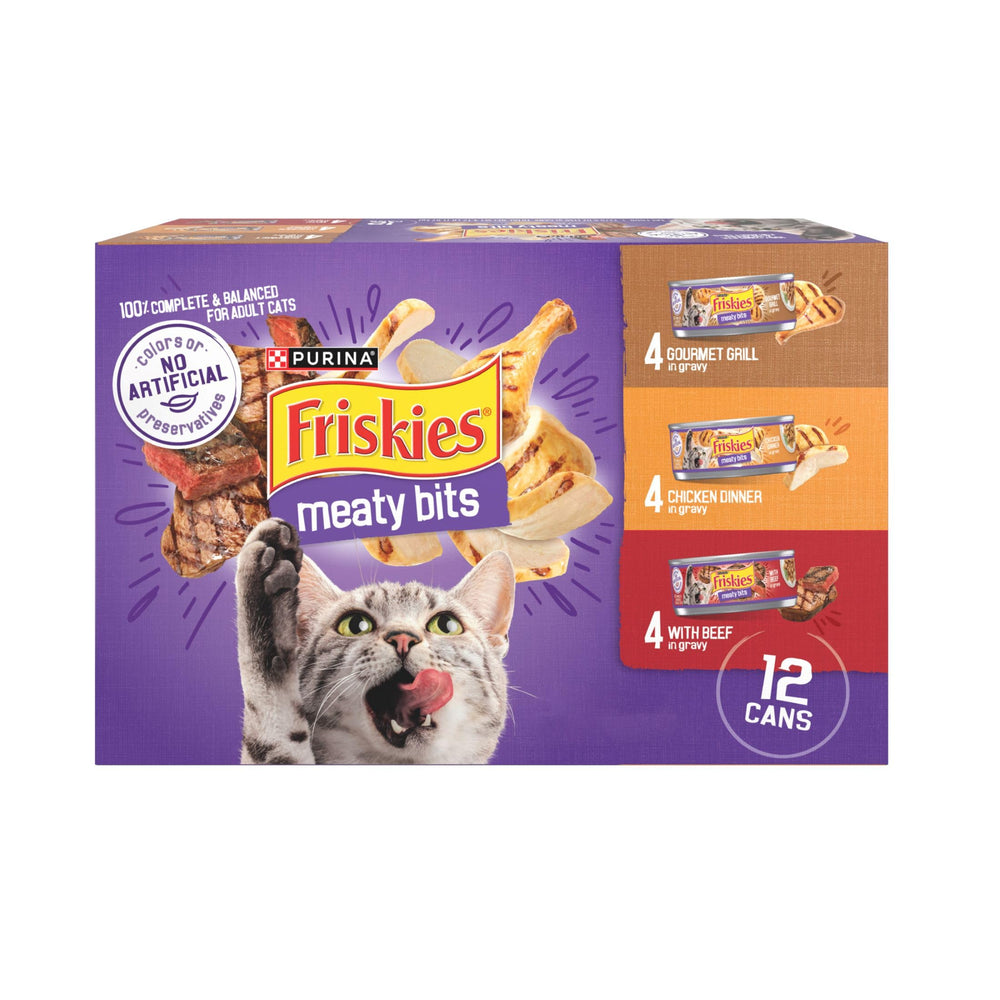 Friskies gravy wet cat food variety pack shows 24 cans for rotating meals