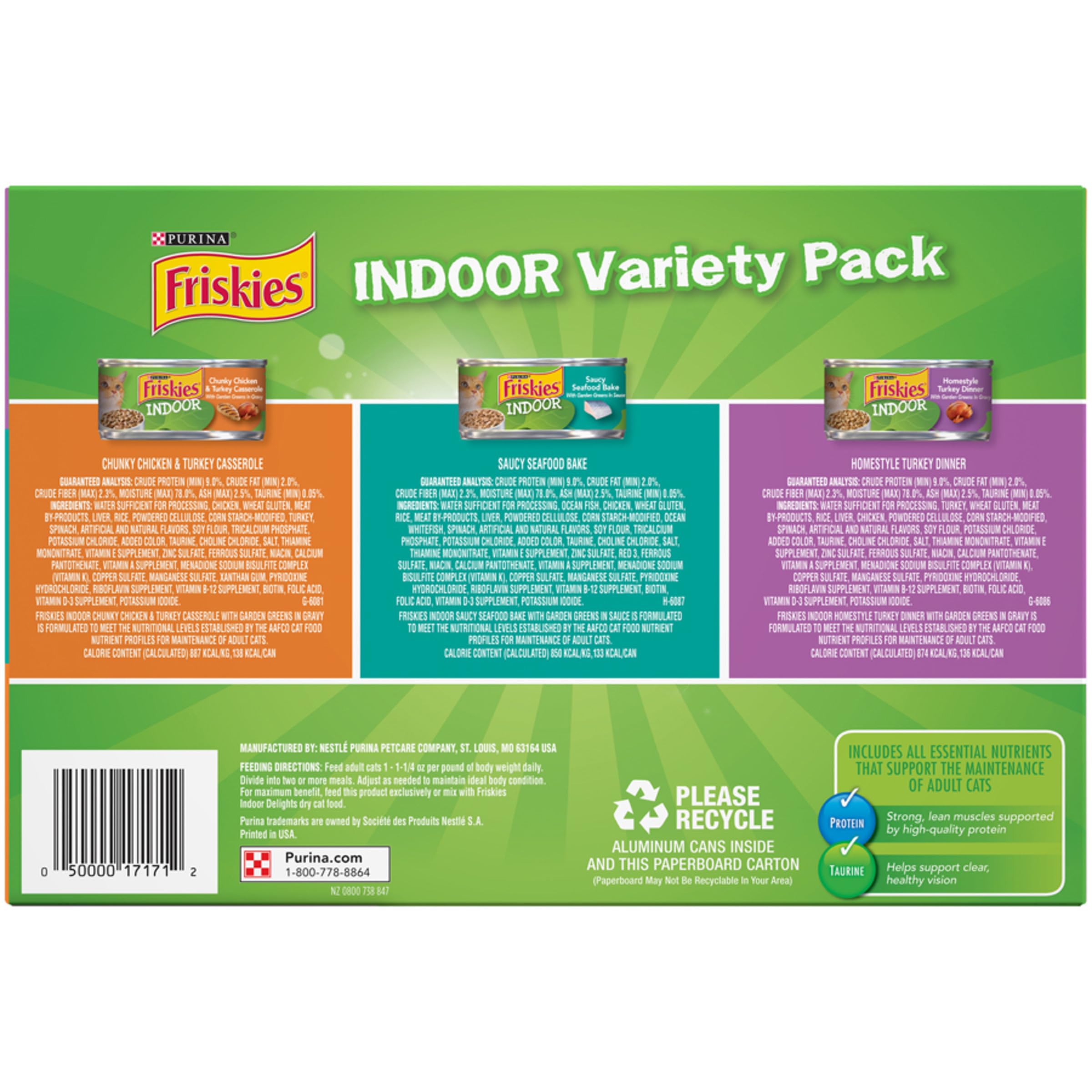 Friskies Indoor Cat Food 24ct label detail, shows real ingredients and nutrition.