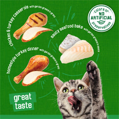 Friskies Indoor Cat Food 24ct, chicken turkey casserole closeup, real poultry flavors entice appetite.