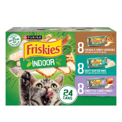 Friskies Indoor Cat Food 24ct pack, front view, variety and convenience for mealtime.