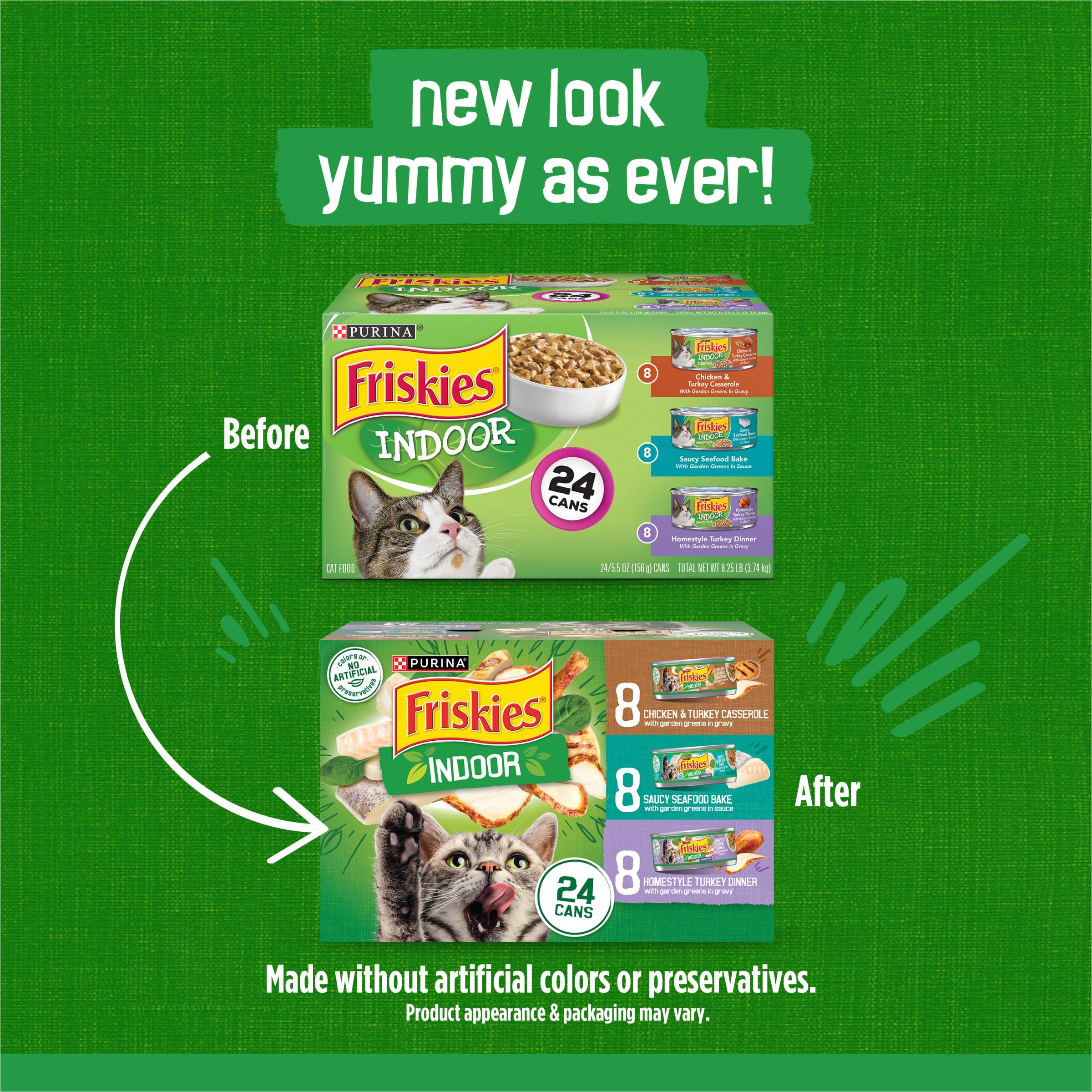 Friskies Indoor Cat Food 24ct pack, saucy seafood bake closeup, appealing aroma.