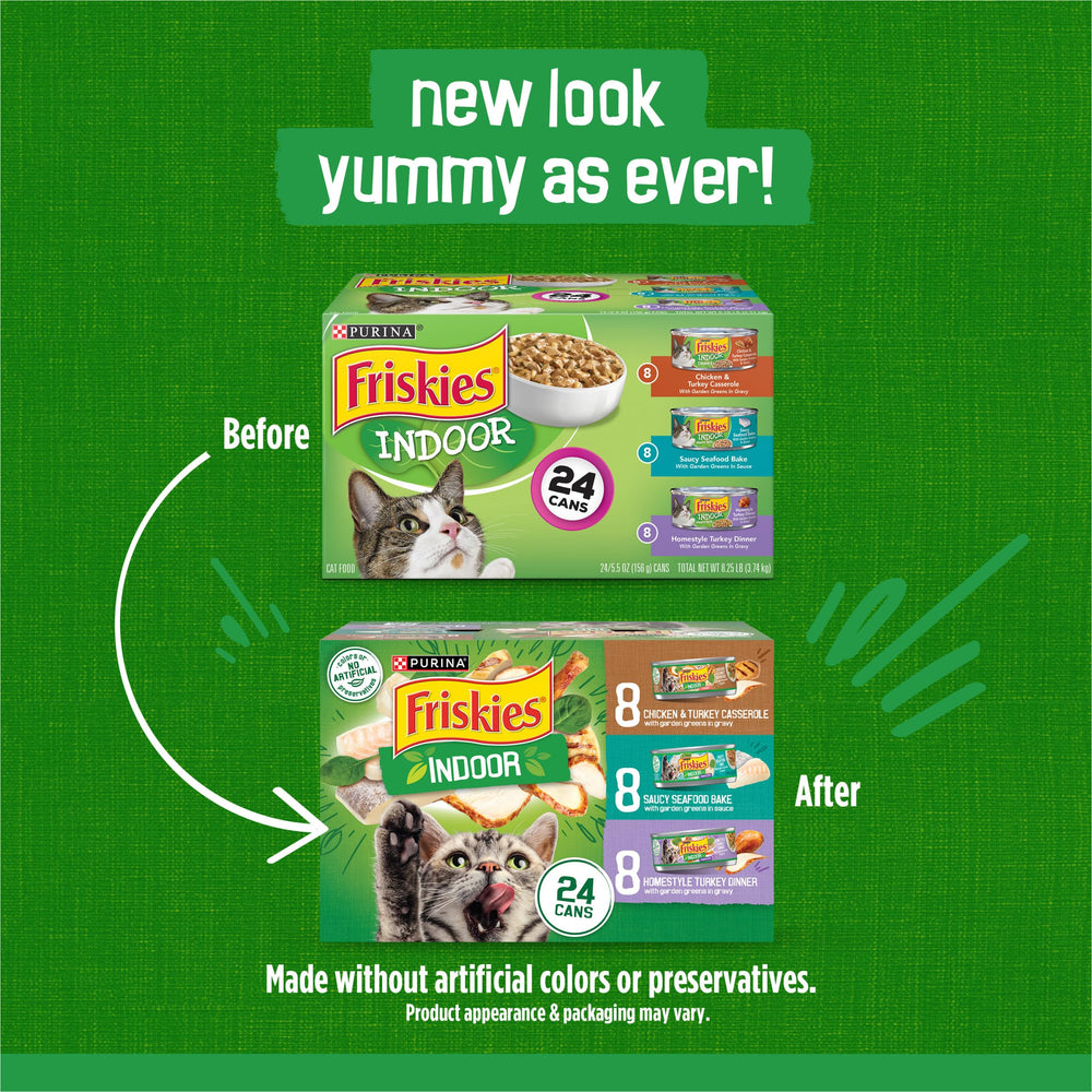 Friskies Indoor Cat Food 24ct pack, saucy seafood bake closeup, appealing aroma.
