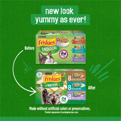 Friskies Indoor Cat Food 24ct pack, saucy seafood bake closeup, appealing aroma.