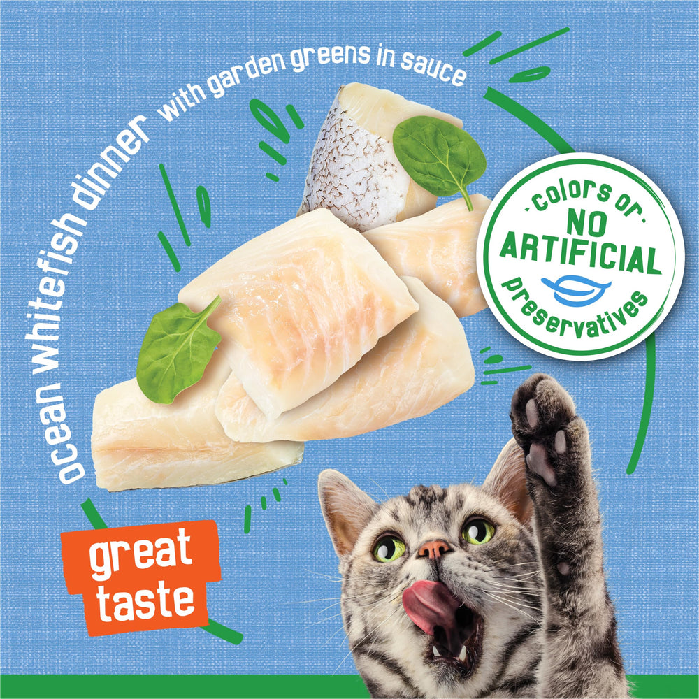 Friskies moist flakes in dish highlight easy-chew texture