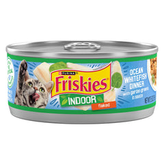Friskies indoor cat food packaging with ocean whitefish dinner for daily energy