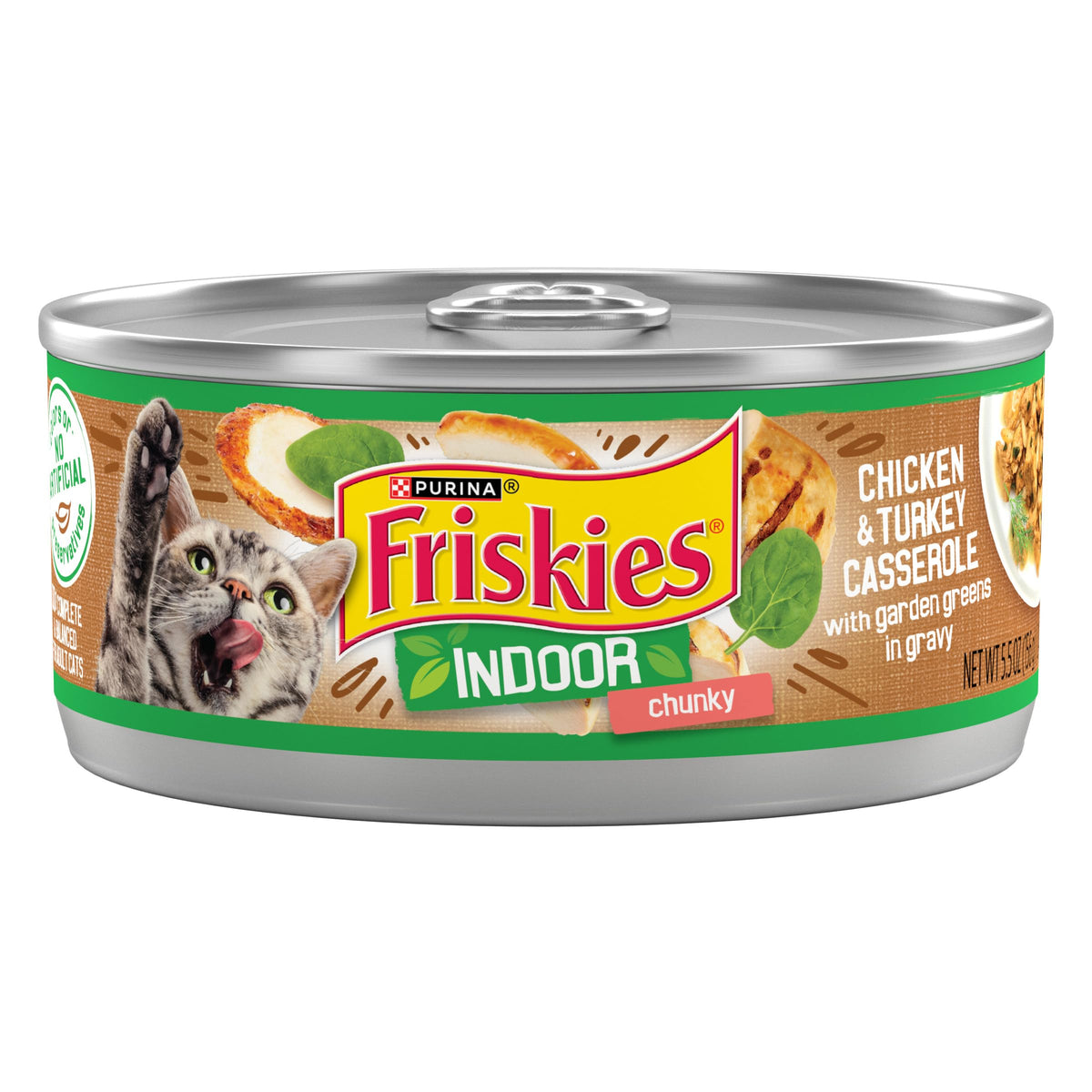 Friskies Indoor chunky-chicken-turkey casserole can close-up, savory moisture for indoor cats.