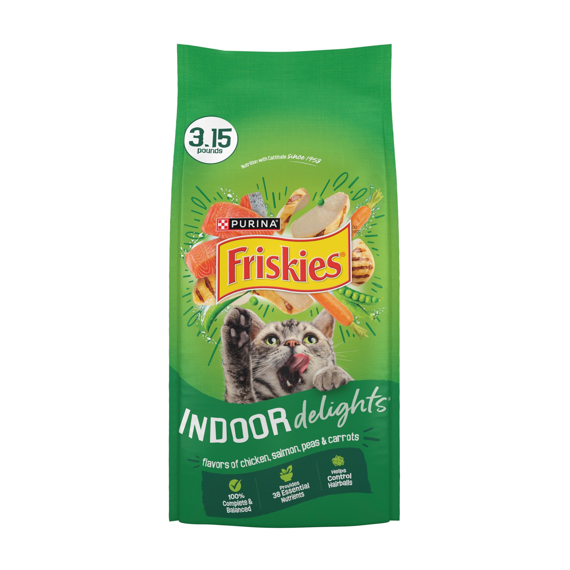 Friskies Indoor Delights chicken-salmon-kibble in a bowl for indoor cats, appealing and tasty