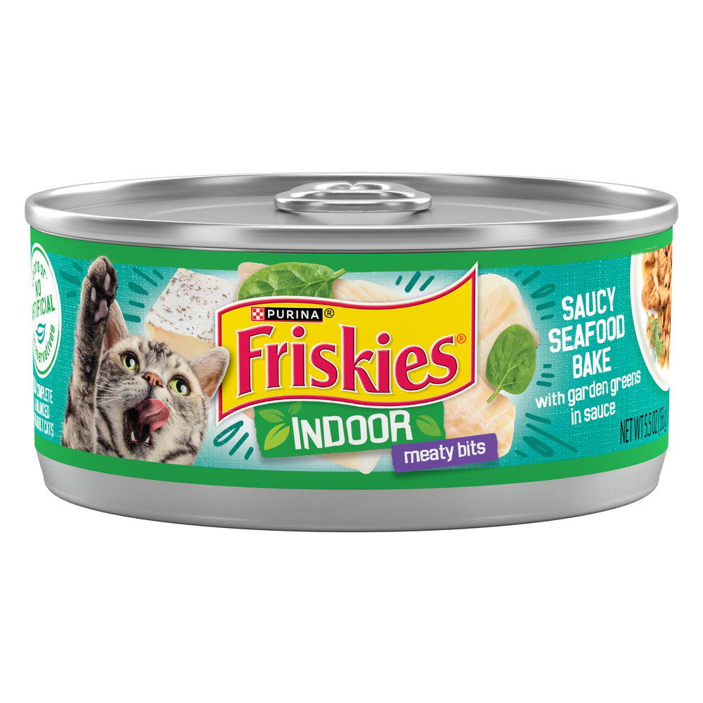 Friskies Indoor Saucy Seafood Bake bowl with moist seafood chunks for tasty meals.