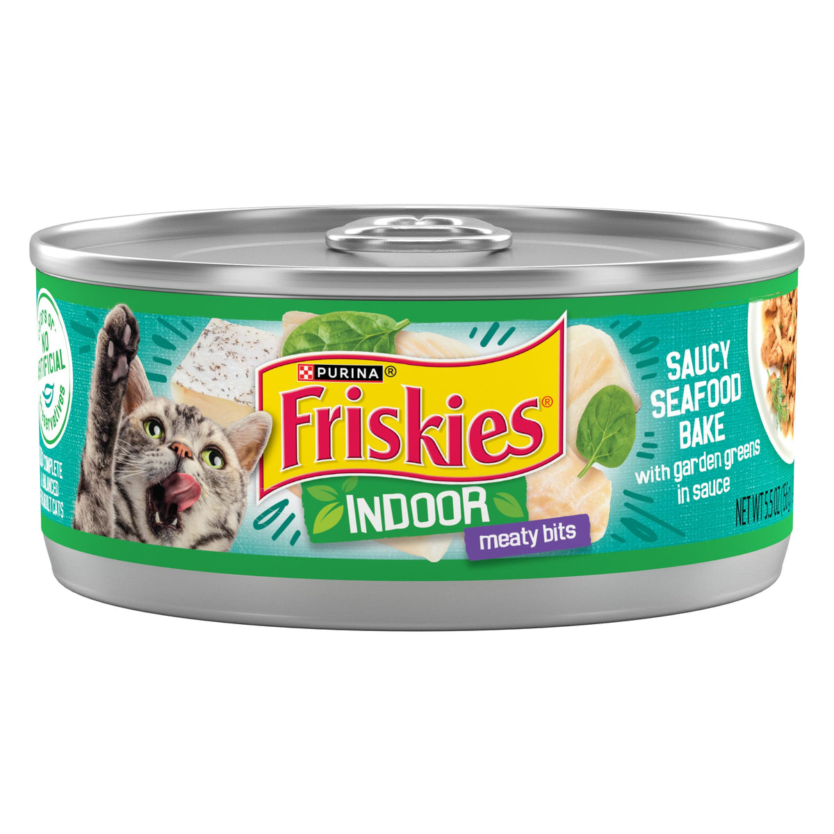 Friskies Indoor Saucy Seafood Bake bowl with moist seafood chunks for tasty meals.