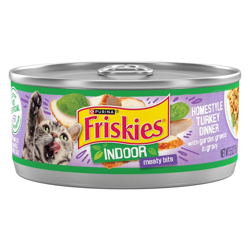 Friskies Indoor Turkey Dinner in bowl with gravy delivers savory aroma for cats.