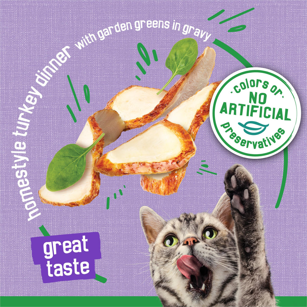 Friskies Indoor Turkey Dinner ingredients include rice and garden greens.
