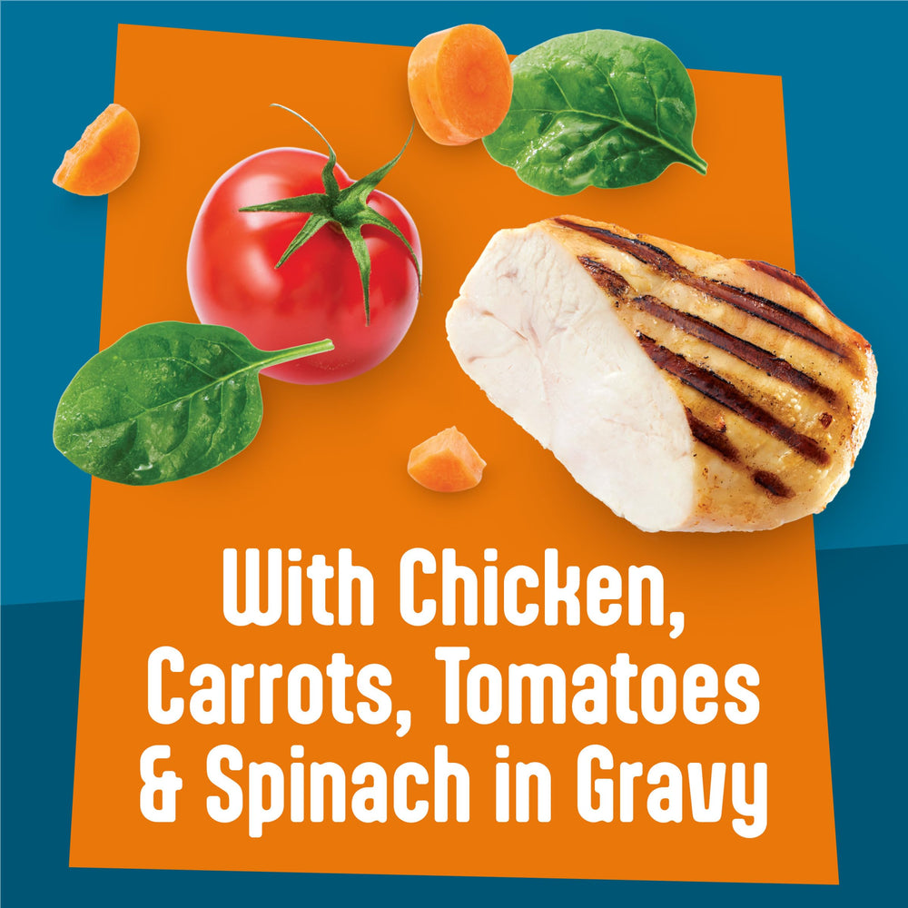 Friskies ingredients: chicken, carrots, tomatoes, spinach show a veggie mix.