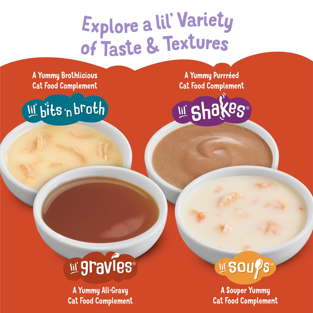 Friskies Lil' Gravies tear-and-pour pouch for easy serving.