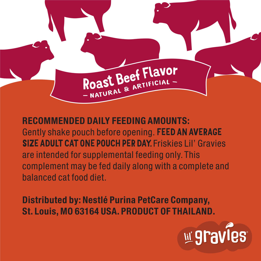 Roast beef flavor of Friskies Lil' Gravies highlighted for feline appeal.