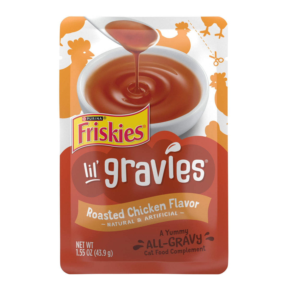 Friskies Lil' Gravies roasted chicken pouch adds moisture as a gravy topping.