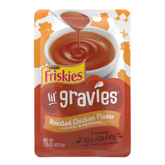 Friskies Lil' Gravies roasted chicken pouch adds moisture as a gravy topping.