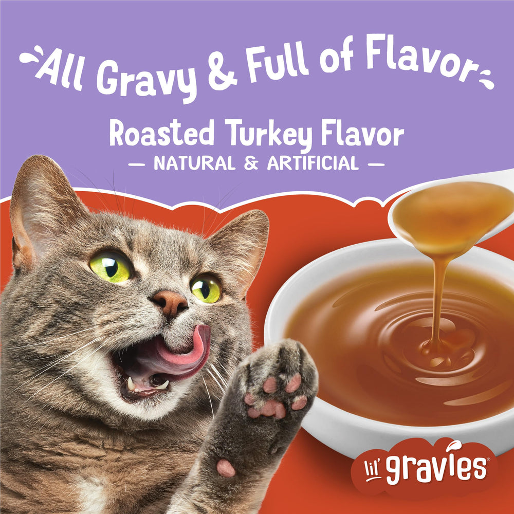 Friskies Lil' Gravies roasted turkey gravy close-up highlights moisture and flavor.