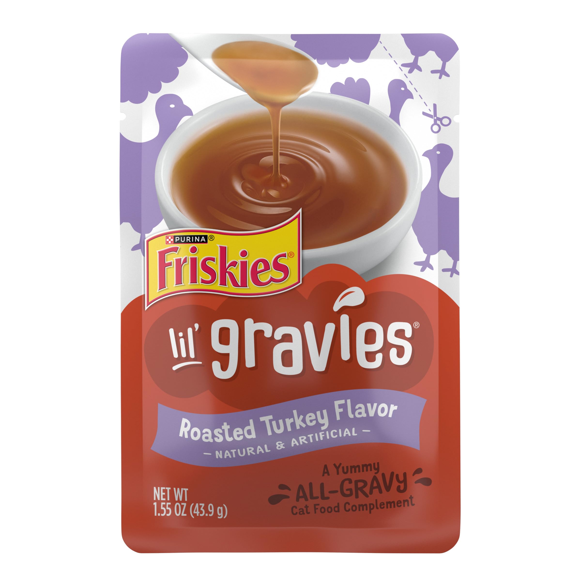 Friskies Lil' Gravies roasted turkey pouch for easy toppers on dry cat food.