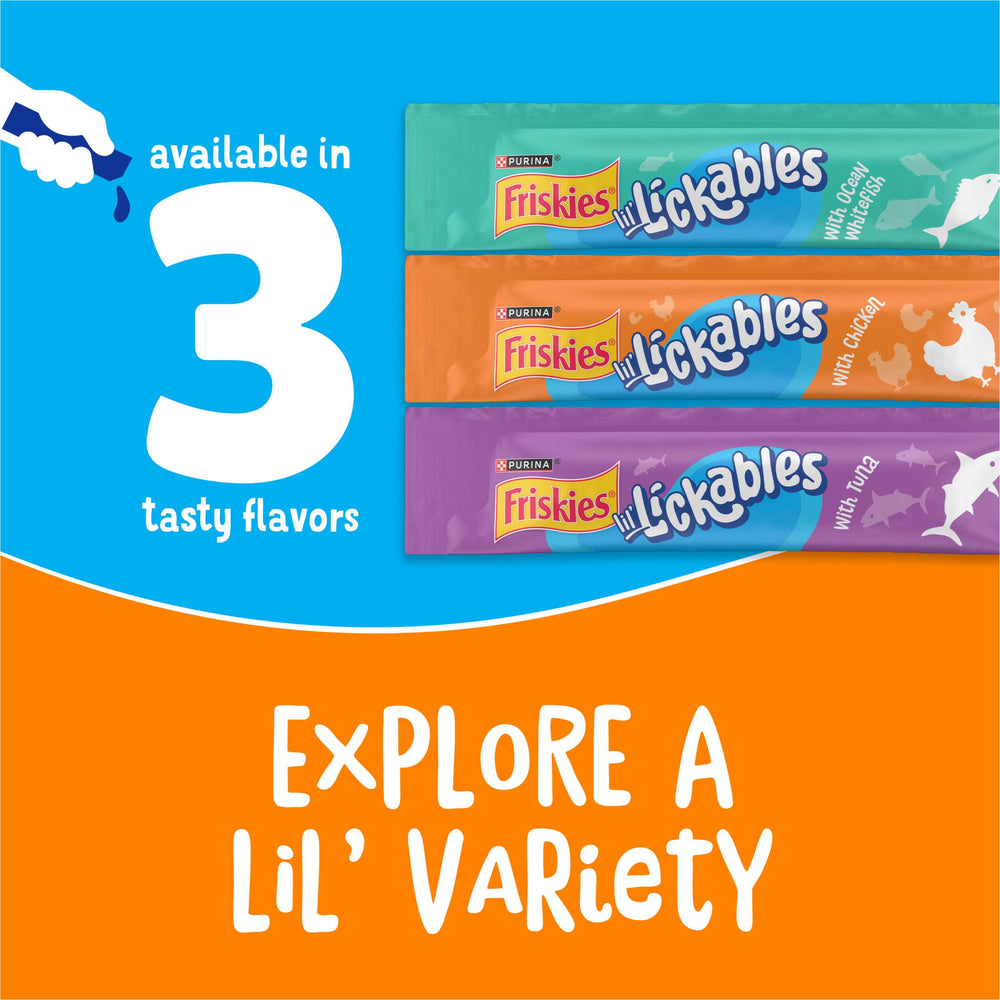 Friskies Lil’ Lickables chicken tube serves a satisfying treat during routine.