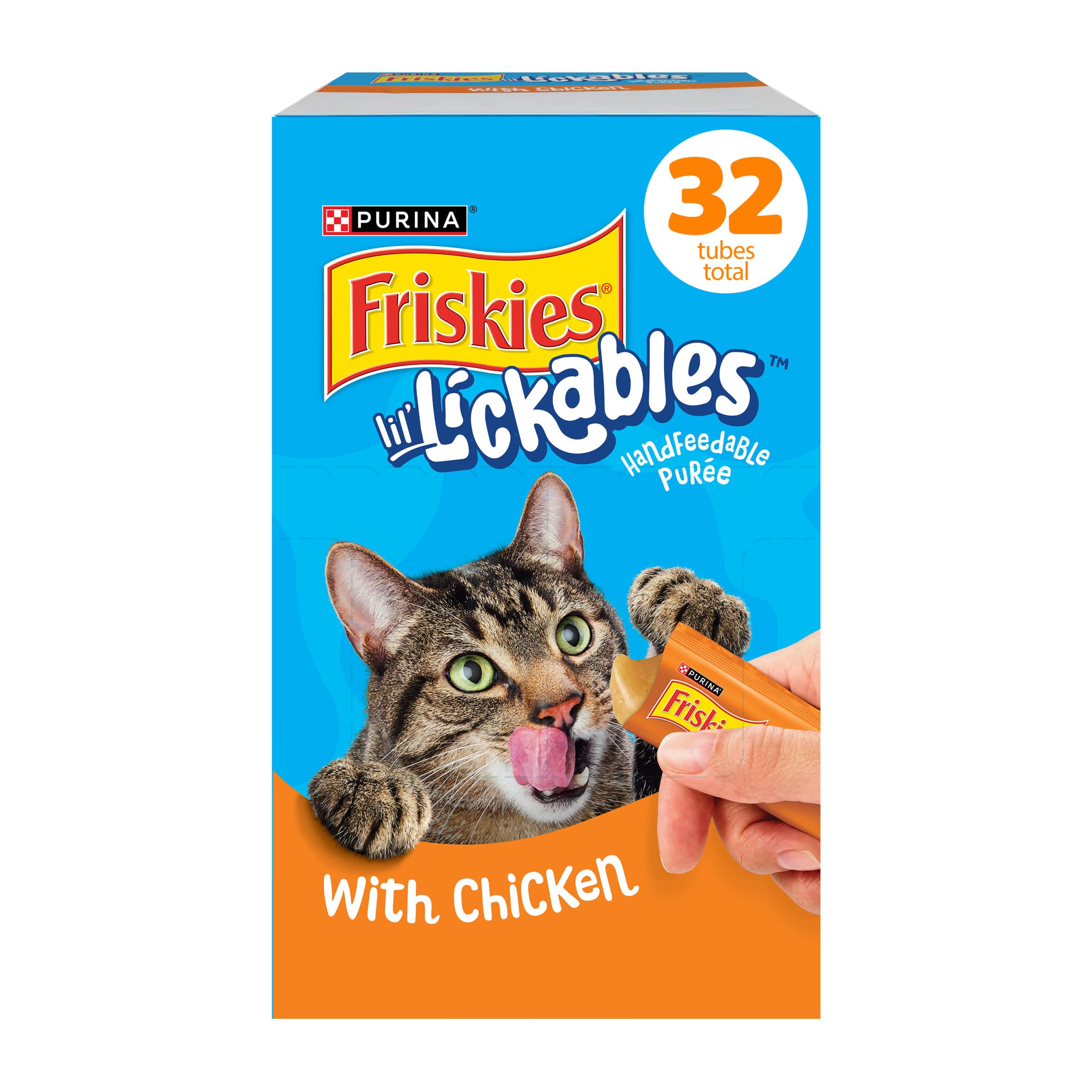 Friskies Lil’ Lickables chicken tube snack for easy, on-the-go treat time.