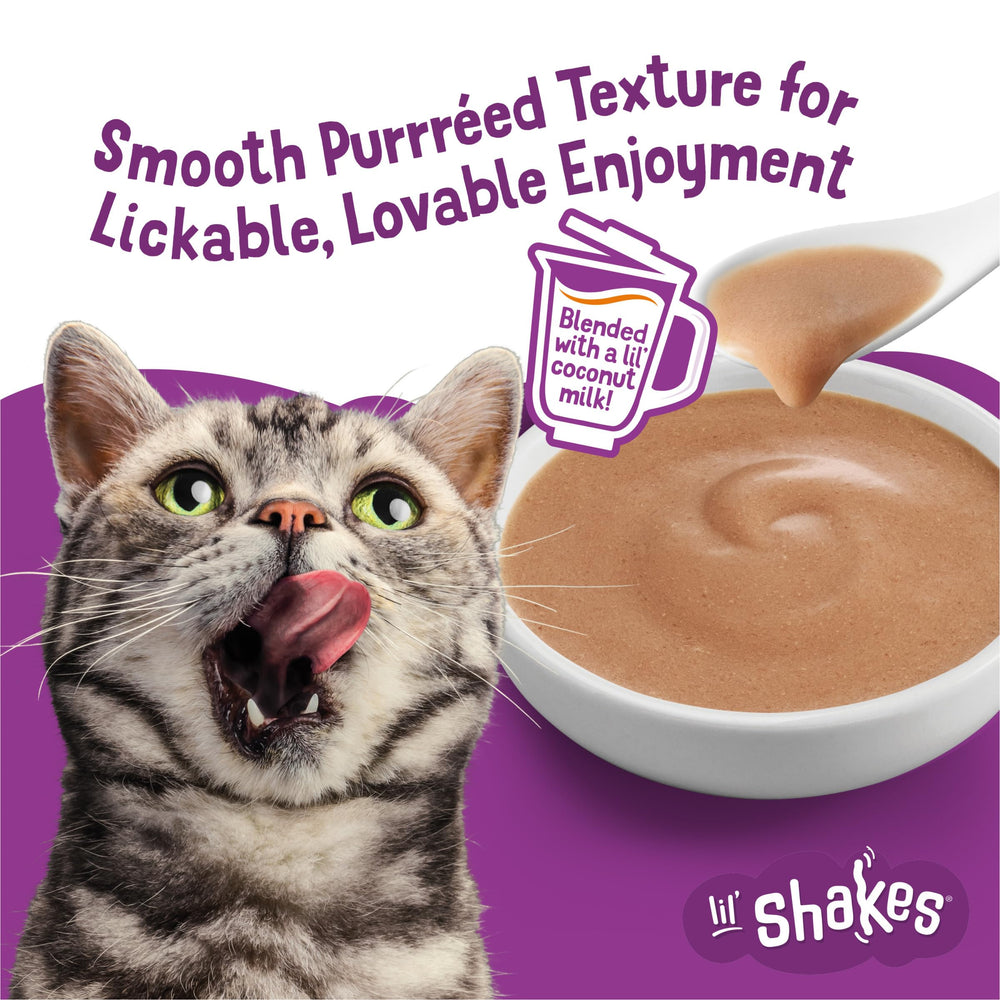 Friskies Lil’ Shakes chicken puree texture closeup, smooth mouthfeel