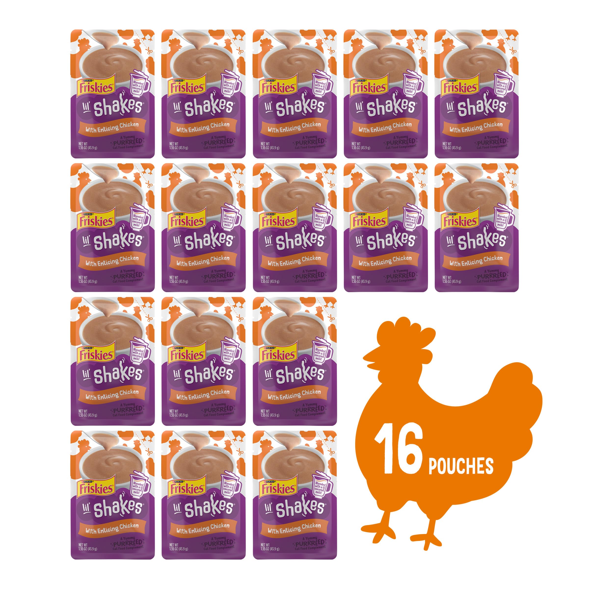Friskies Lil’ Shakes chicken puree topper in a bowl, mixes with kibble