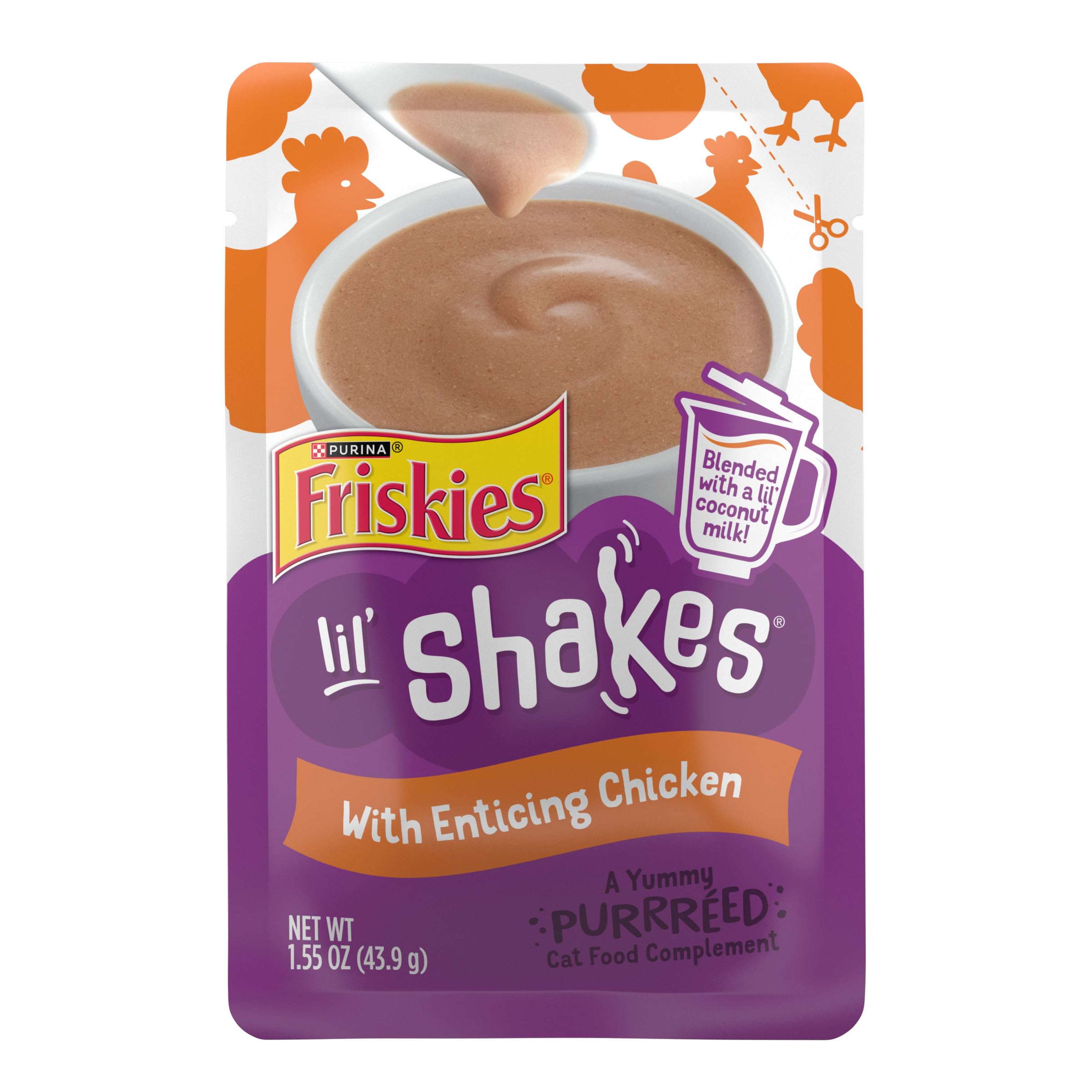 Friskies Lil’ Shakes chicken puree topper pack, adds meal variety for cats