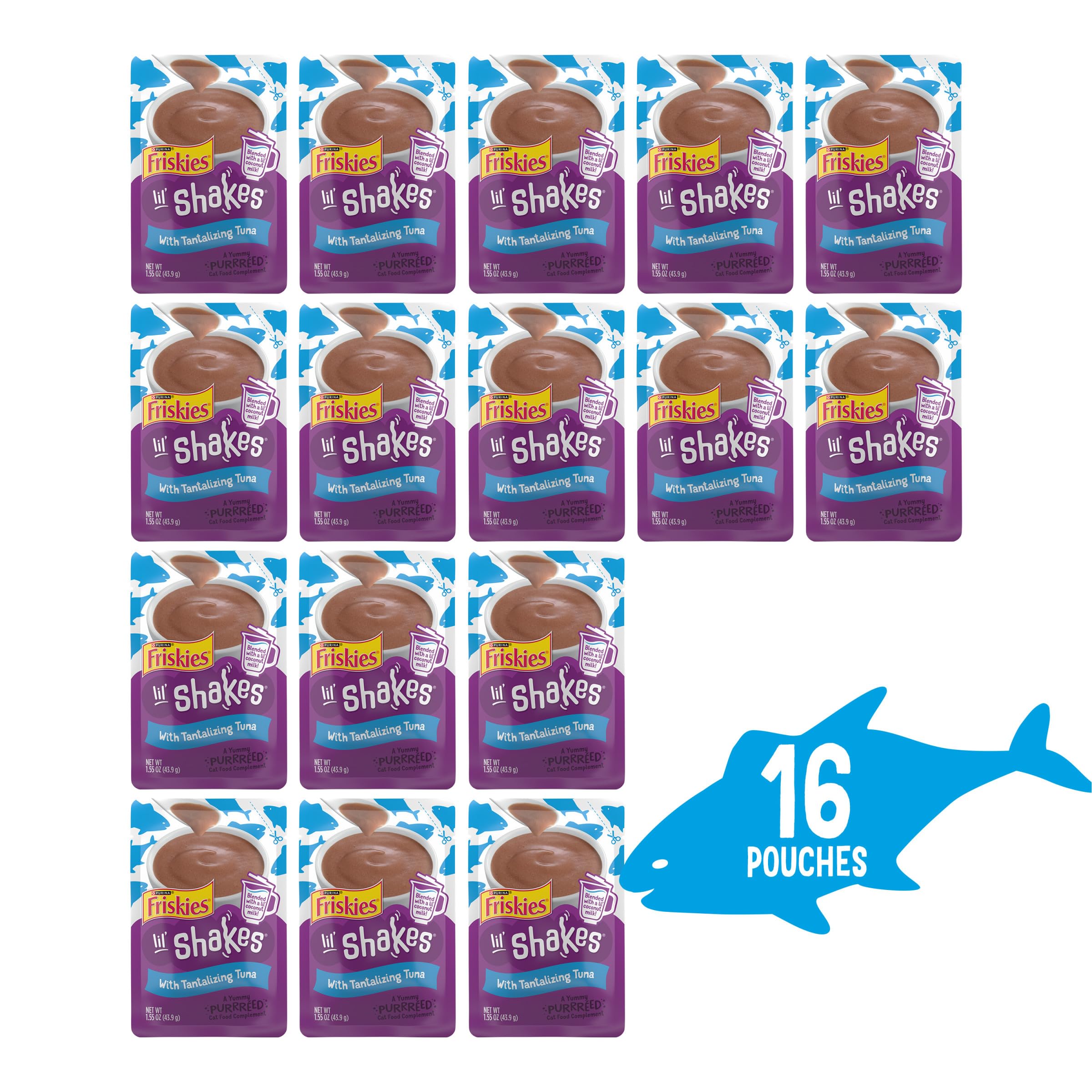 Friskies Lil' Shakes coconut milk splash shown for creamy lickable treats.