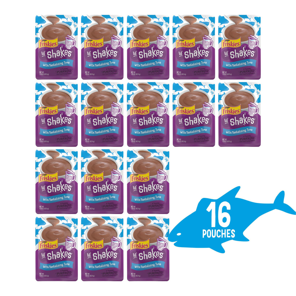 Friskies Lil' Shakes coconut milk splash shown for creamy lickable treats.