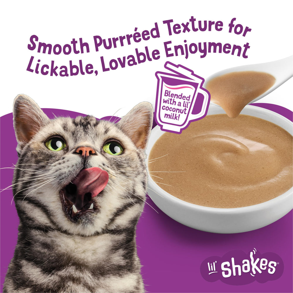 Friskies Lil Shakes lickable treat pouch for quick between-meal snack.