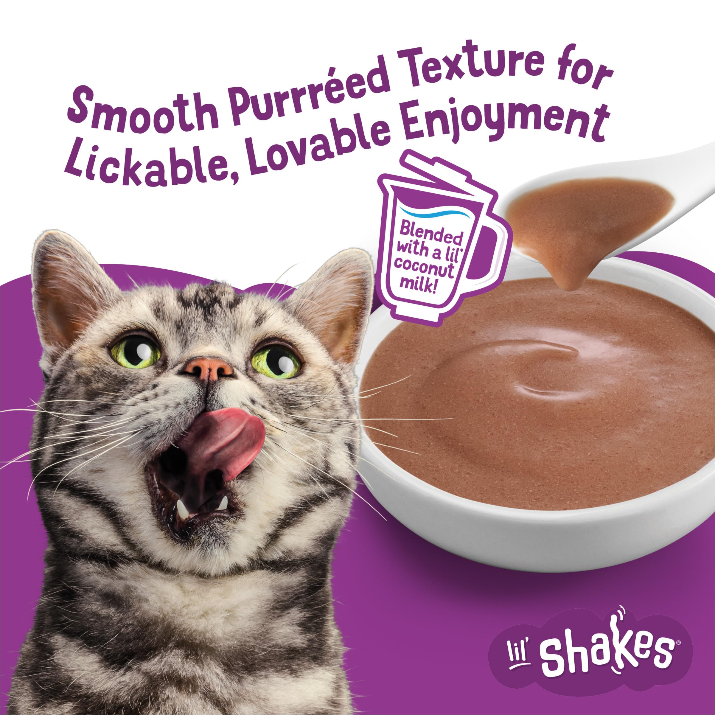 Friskies Lil' Shakes lickable treat closeup highlights mess-free, tasty indulgence.
