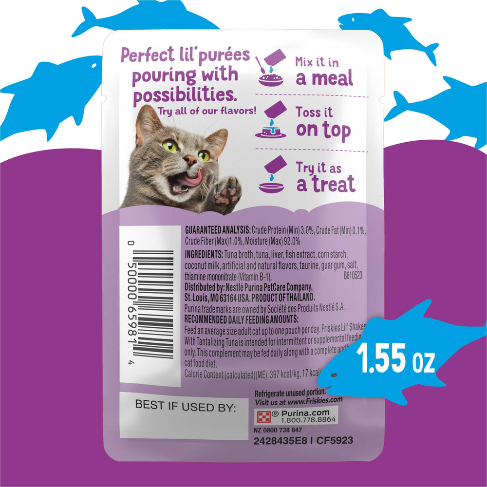 Friskies Lil' Shakes mealtime topper demonstrates versatile feeding ideas.