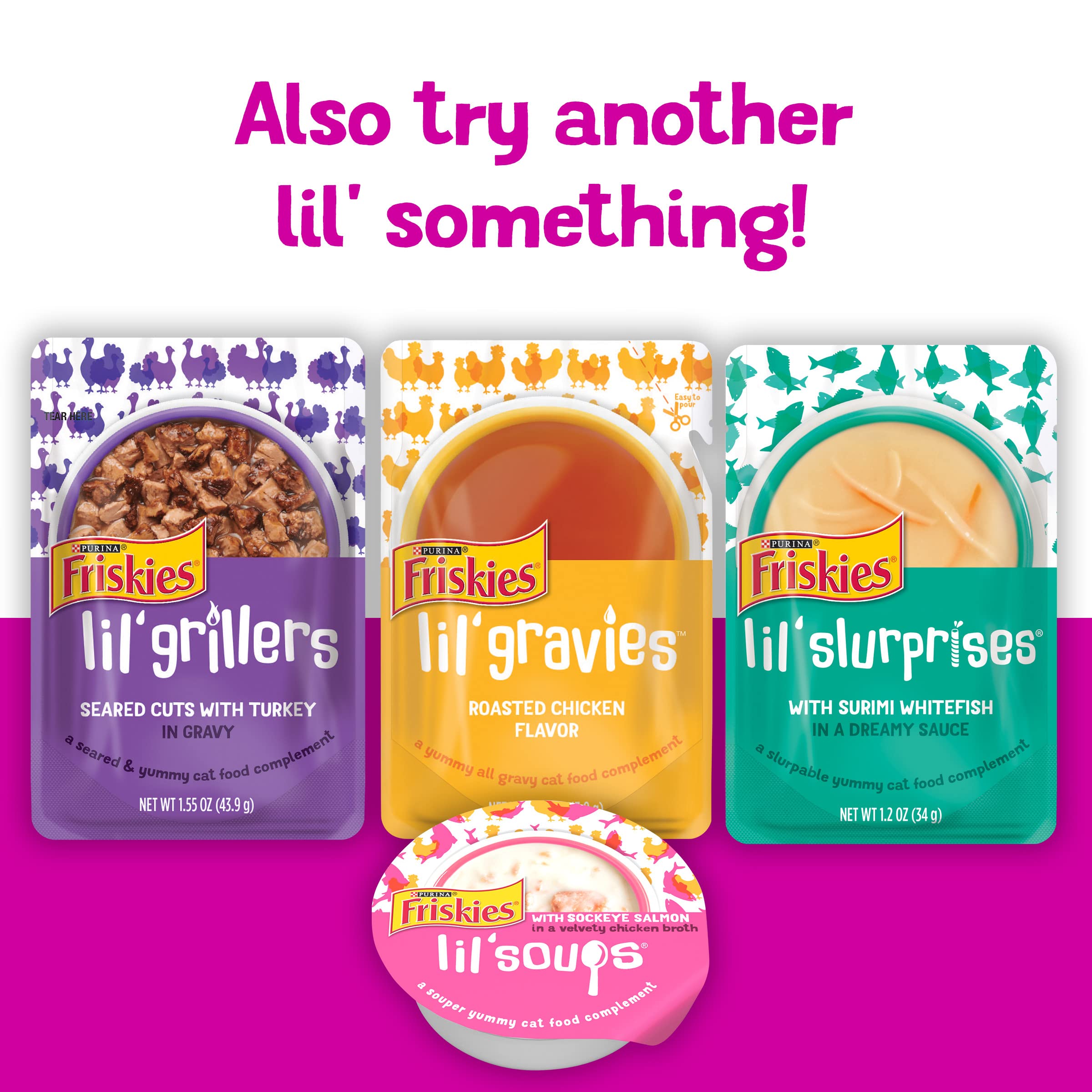 Friskies Lil’ Shakes pouch action, easy to pour onto dry kibble