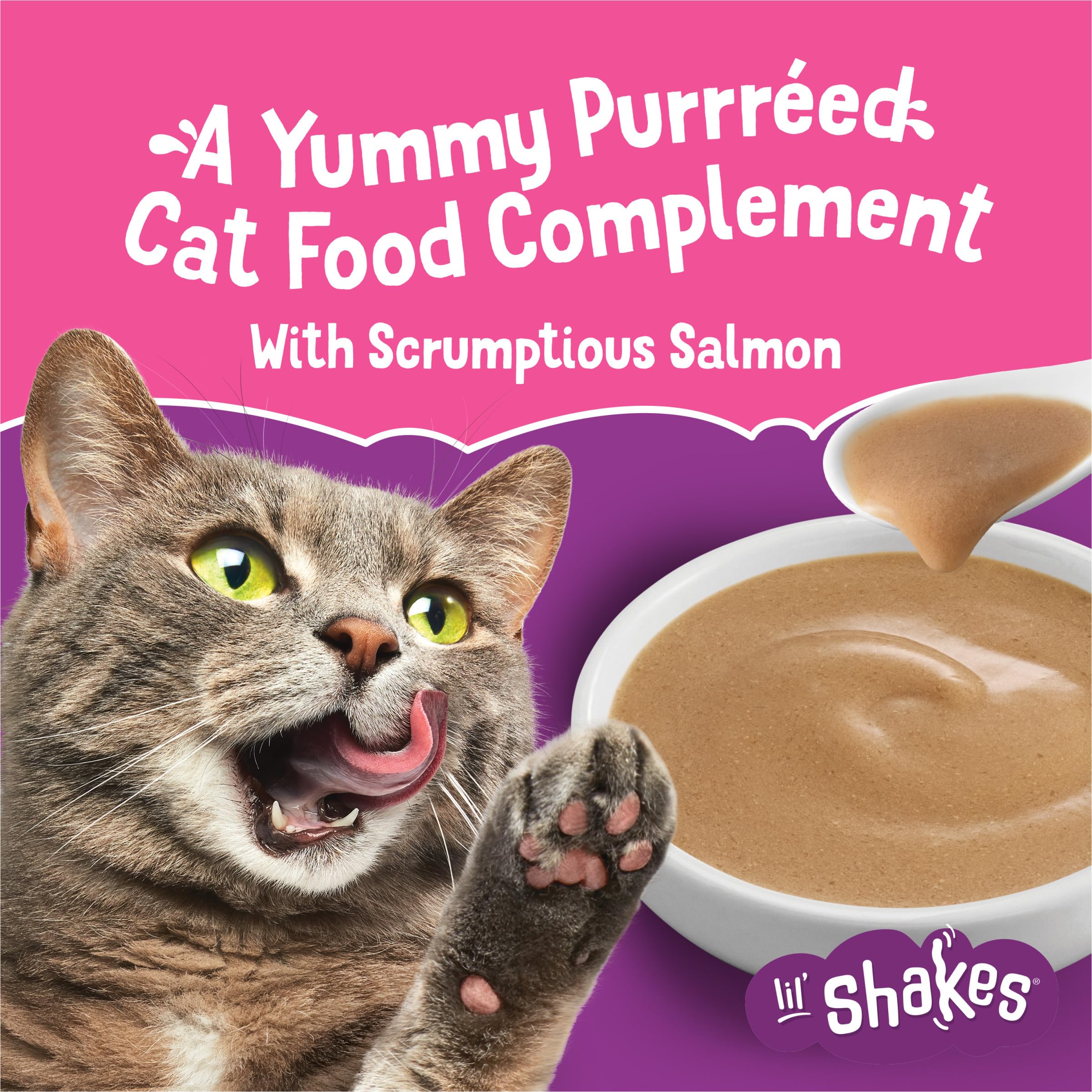 Friskies Lil Shakes real salmon in creamy puree boosts appeal.