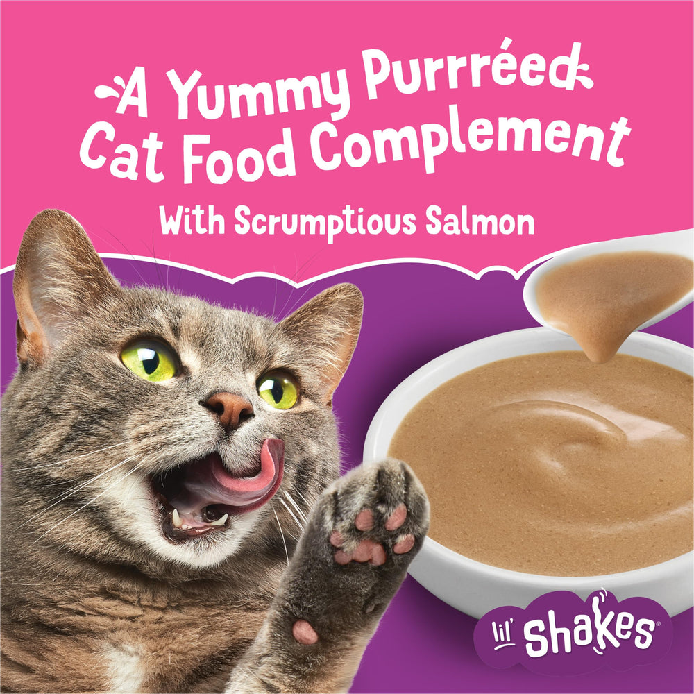 Friskies Lil Shakes real salmon in creamy puree boosts appeal.