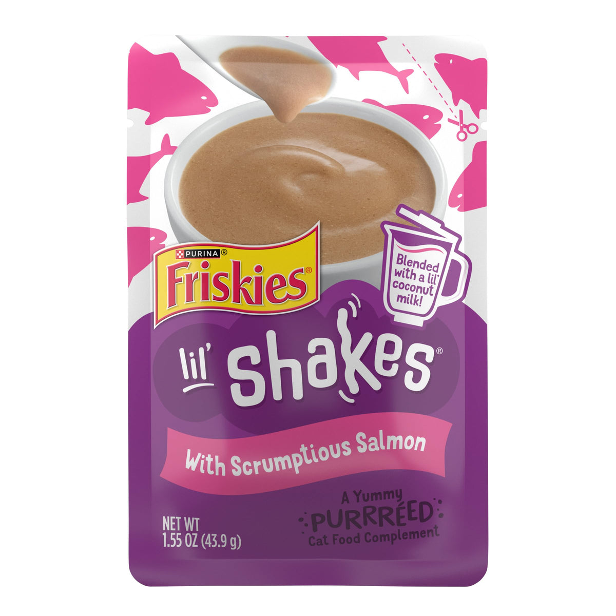 Friskies Lil Shakes salmon puree topper; smooth texture for lickable cat meals.