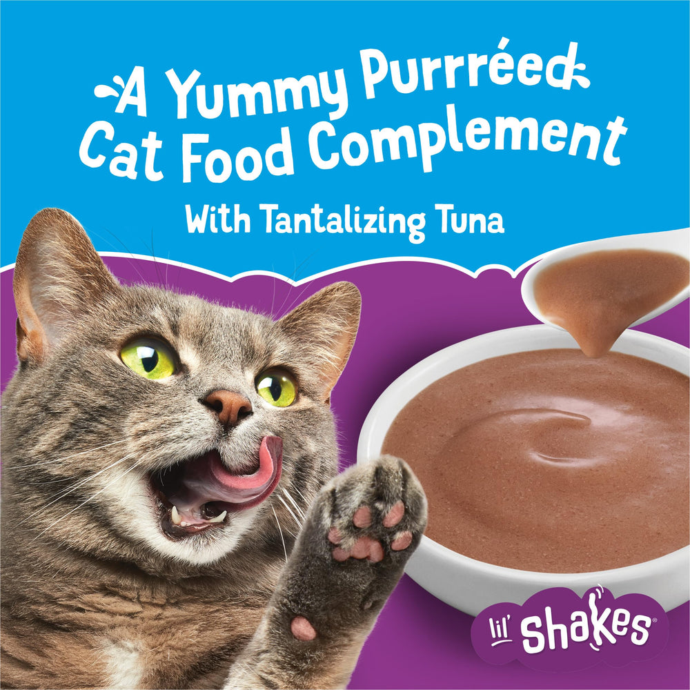 Friskies Lil' Shakes smooth purée demonstrates easy mixing into cat meals.