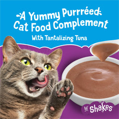 Friskies Lil' Shakes smooth purée demonstrates easy mixing into cat meals.