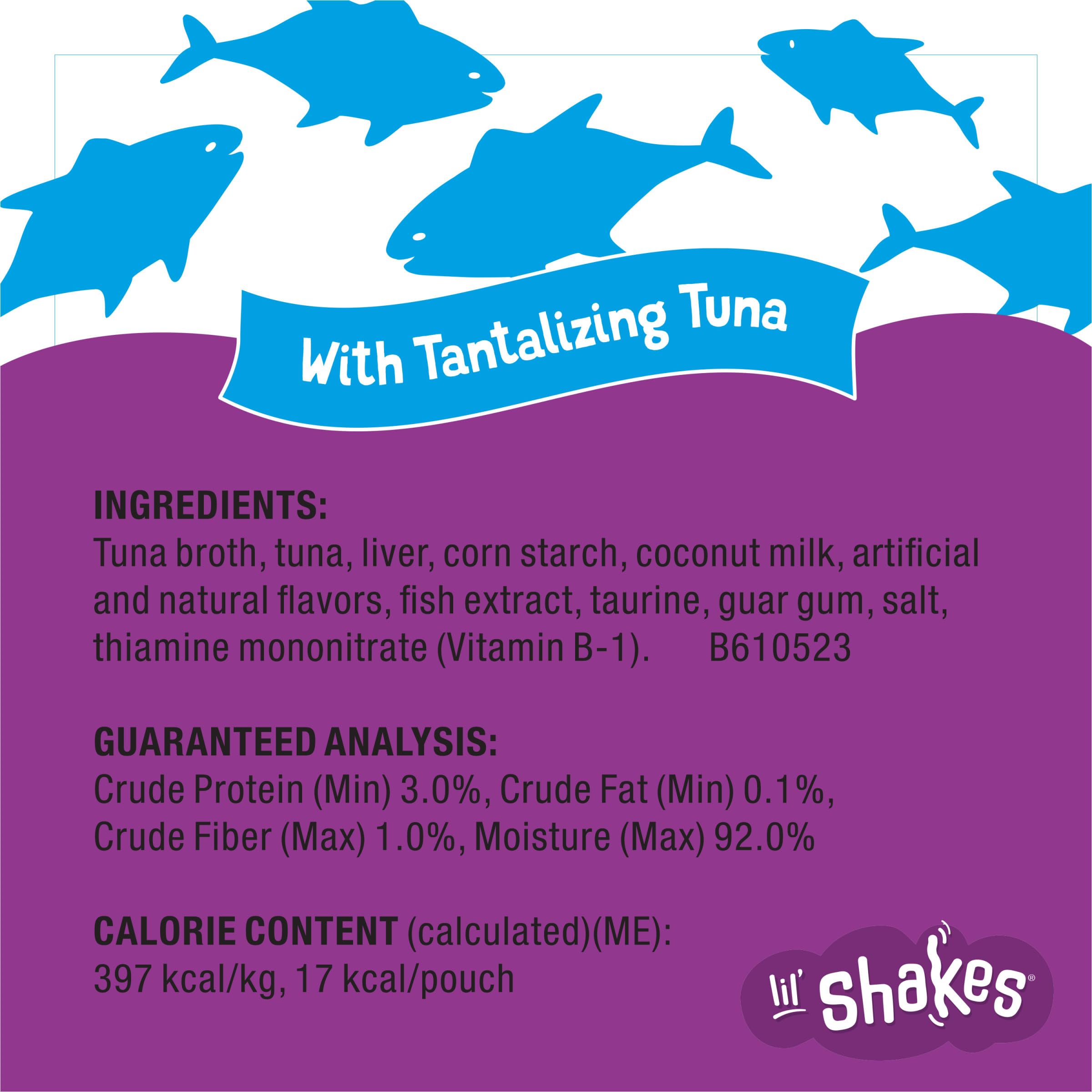 Friskies Lil' Shakes variety pack display showcases flavor options.