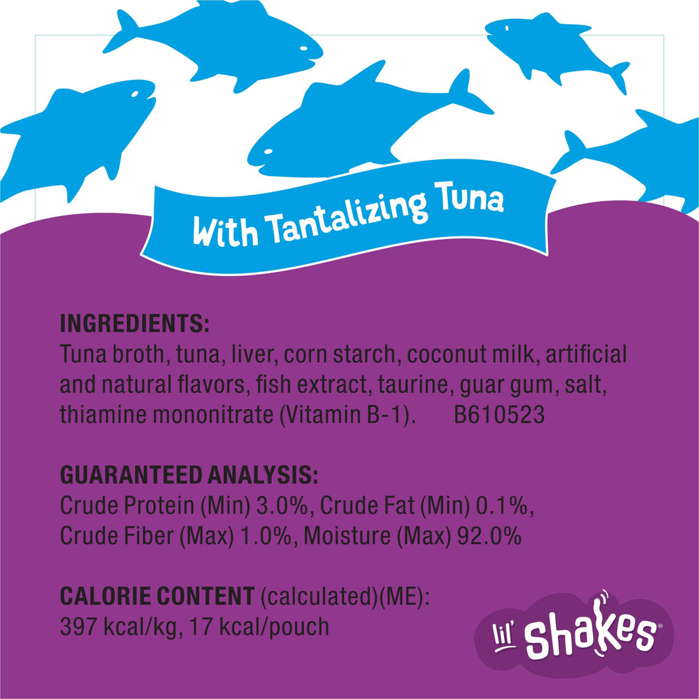 Friskies Lil' Shakes variety pack display showcases flavor options.