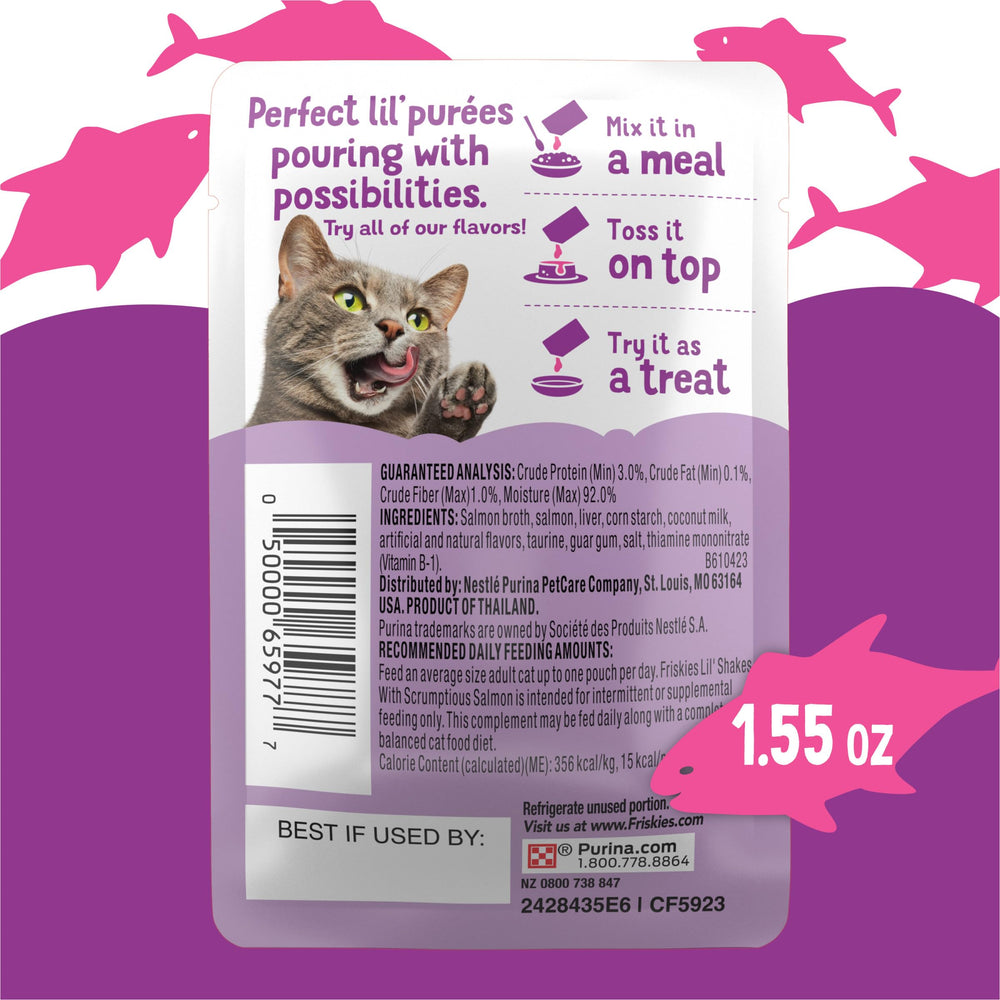 Friskies Lil Shakes wet pouch texture enhances licking enjoyment.