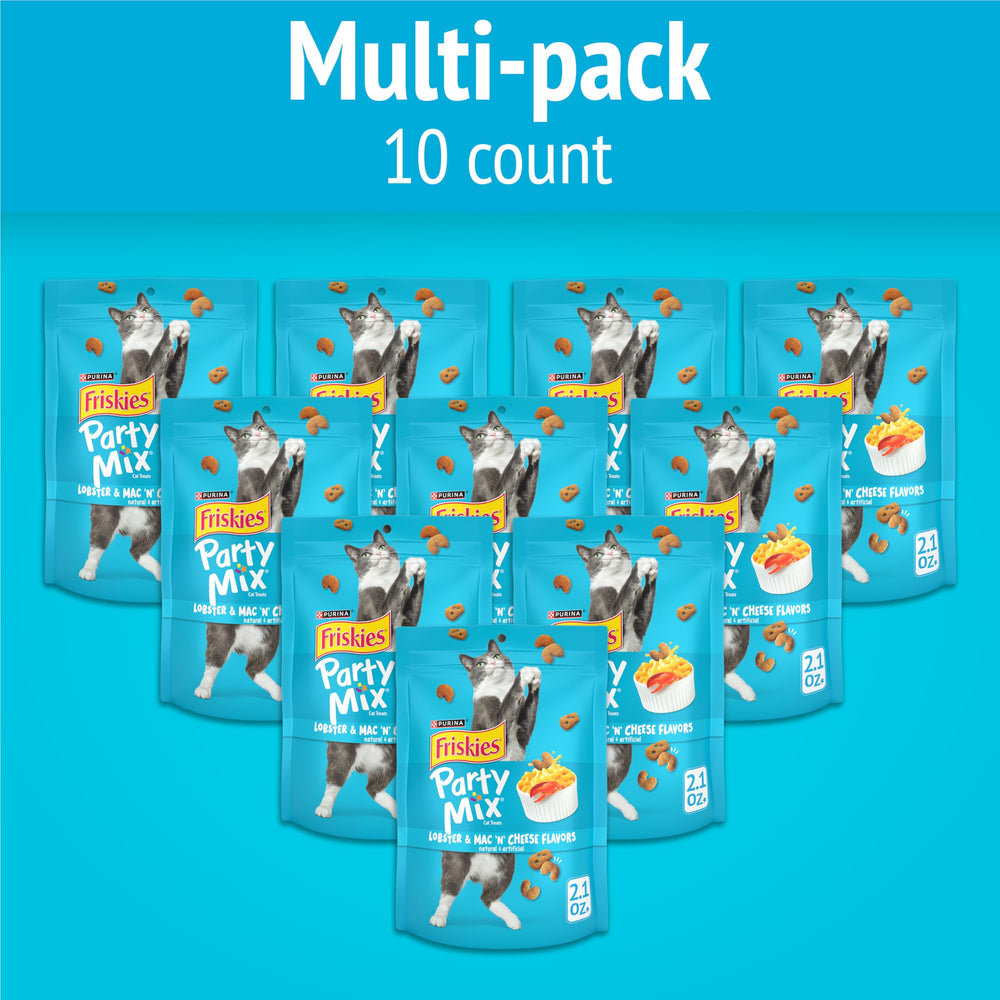 Friskies Lobster Mac N Cheese cat treats, under 2 calories per piece, great for small indulgences.
