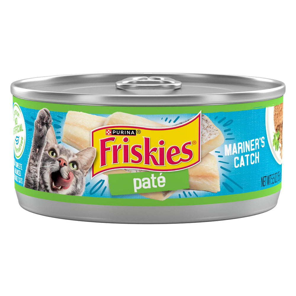 Friskies Mariners Catch pate cans ready to serve for cats' seafood flavor.